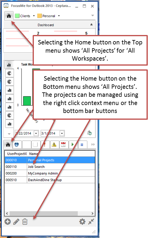 Managing Projects in the FocusMe Pane