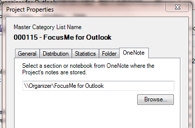 Organizer Project Properties - OneNote tab