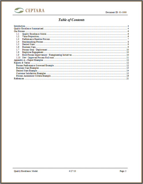 Quality Excellence White Paper Table of Contents